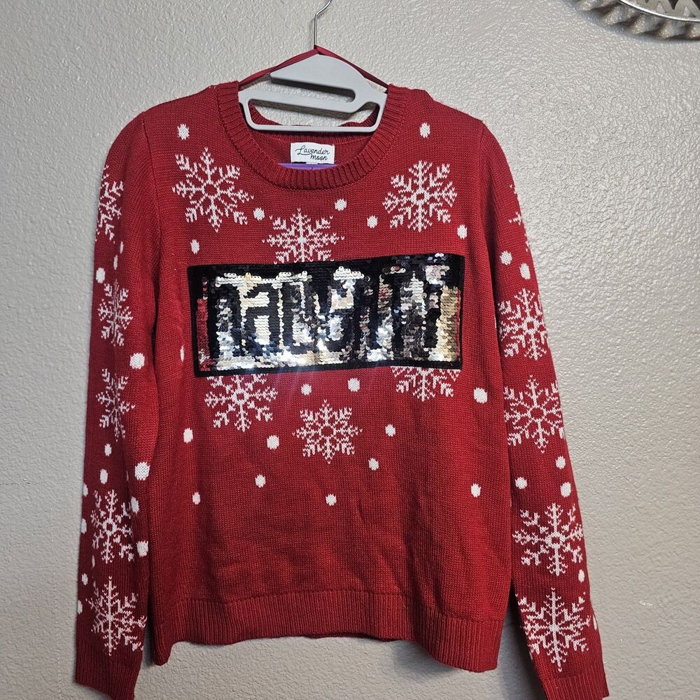 Womens L Lavender Moon Naughty Christmas Sweater Red Snowflake Sequin Holiday B2